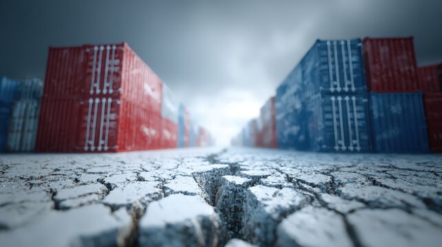Stacked international shipping containers loom over severely fractured ground under a dramatic sky.