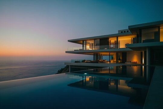 Luxurious modern house with infinity pool overlooking the ocean at dusk with beautiful architecture and serene surroundings