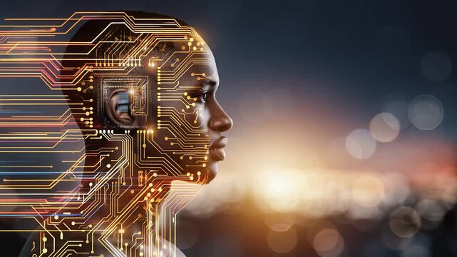 profile of African woman with digital circuit board overlay and bokeh background