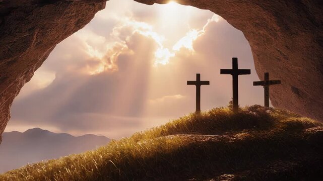 Three crosses stand atop a hill inside a cave with light shining through clouds at sunrise