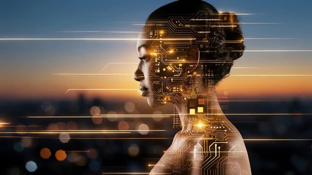 profile of African woman with digital circuit board overlay and bokeh background