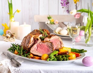 Lammbraten mit Fr&uuml;hlingsgem&uuml;se auf Ostertafel