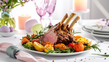 Lammbraten mit Fr&uuml;hlingsgem&uuml;se auf Ostertafel