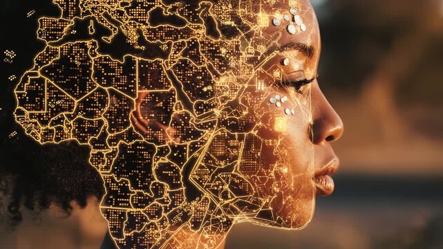 profile of African woman with glowing digital map of africa overlay