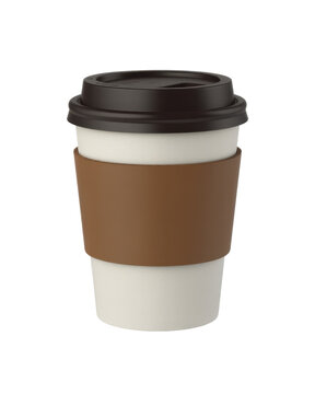 White coffee cup with brown sleeve and black lid white cup isolated on a transparent background