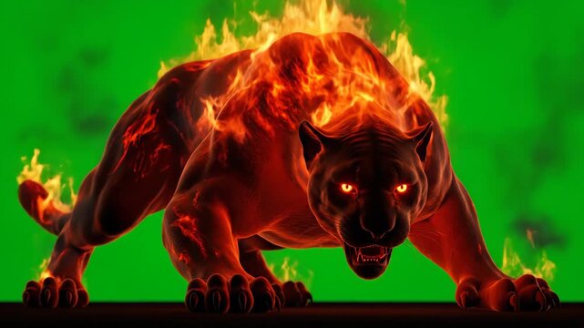 Fiery black panther on green screen, powerful flaming predator with glowing eyes, cinematic fire animal animation for vfx compositing