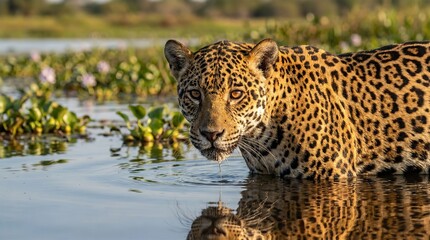 Powerful Jaguar in Pantanal Wetland Water with Reflection Close-up Portrait

