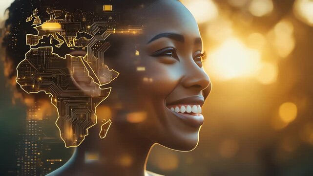 profile of African woman with glowing digital map of africa overlay