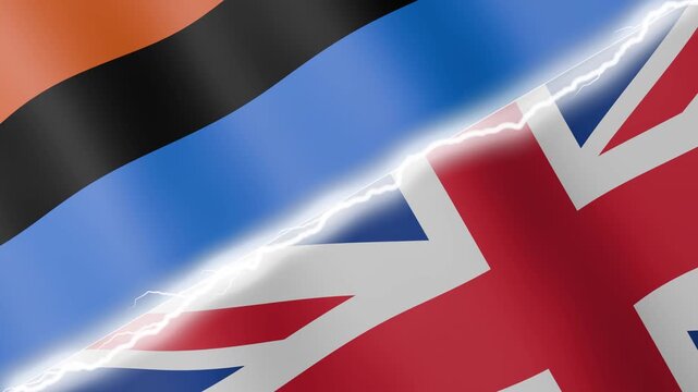 Two waving flags Chagos Islands and United Kingdom with diagonal lightning seamless, 4k loop