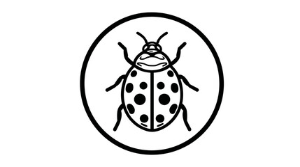 A black and white line art illustration of a ladybug inside a circle on a white background