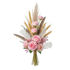 A vibrant bouquet of flowers with feathers and greenery in a vase