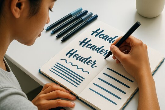 Woman practicing modern calligraphy with brush pens in notebook on white desk as creative hobby concept in bright background light setting. Ai generative