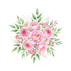 A beautiful bouquet of pink roses surrounded by lush green leaves and delicate stems.