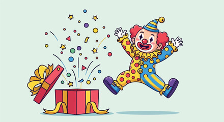 Naklejka premium Joyful clown celebrating with a surprise gift explosion of confetti and balloons