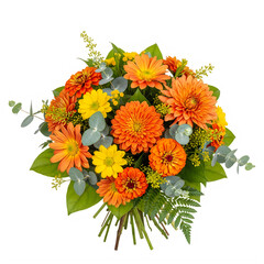 A vibrant bouquet of orange and yellow flowers with green foliage in a round arrangement