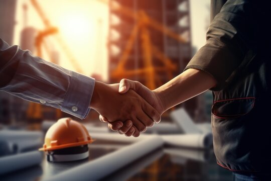 Two construction workers or business people shaking hands, symbolizing successful project agreement