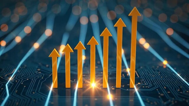 Upward trending arrows showing growth and success on a circuit board background