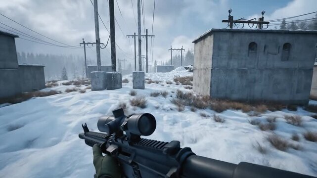 First-person view of a weapon with a scope in a snowy, industrial environment with power lines