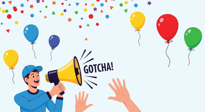 Cheerful man shouting gotcha with colorful balloons in the background