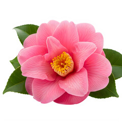 A close-up view of a delicate pink camellia flower with a vibrant yellow center