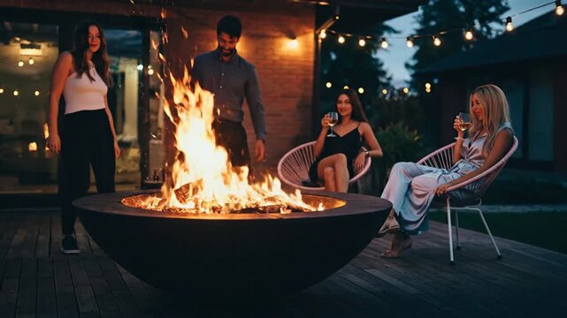 Friends gathered around a fire pit enjoying a summer evening with drinks
