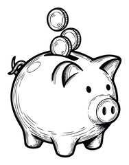 A charming hand drawn piggy bank sketch with coins falling into its slot, representing savings and financial security, perfect for business concepts or personal finance content