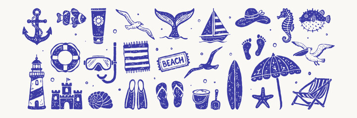 Hand-drawn nautical summer vector set with anchor, lighthouse, sailboat, whale tail, seagull, starfish, lifebuoy, beach umbrella, deck chair, snorkel mask, flippers and seashell. Perfect for coastal  © Tasha