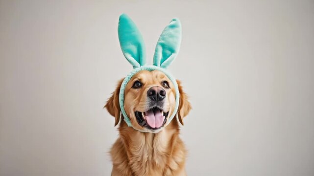Golden retriever wearing rabbit ears smiles for the camera during spring celebration