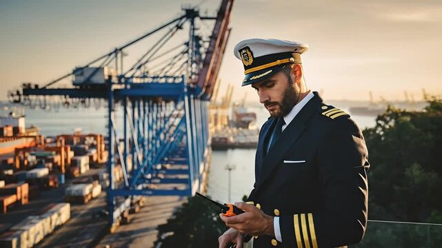 A confident ship captain in uniform checking his device at a busy shipping port, with cranes in the background