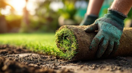 Naklejka premium Person wearing protective gloves unrolls a section of fresh sod onto prepared earth in a sunny yard