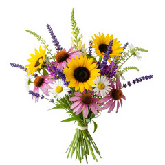 A vibrant bouquet of wildflowers in full bloom with various colors and textures
