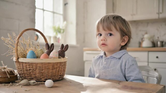 Child looks at basket with Easter eggs and chocolate bunnies in bright kitchen