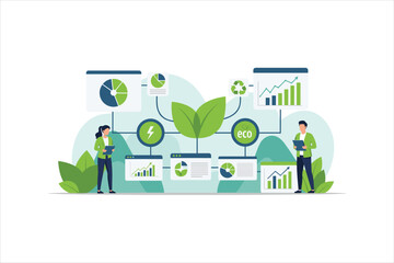 Fototapeta premium Ecofriendly concept illustration with people analyzing data and charts around a growing plant
