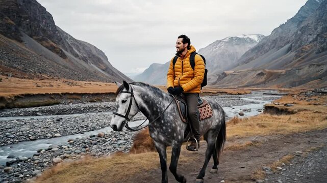 Man riding a horse through a rocky, mountainous landscape with a river