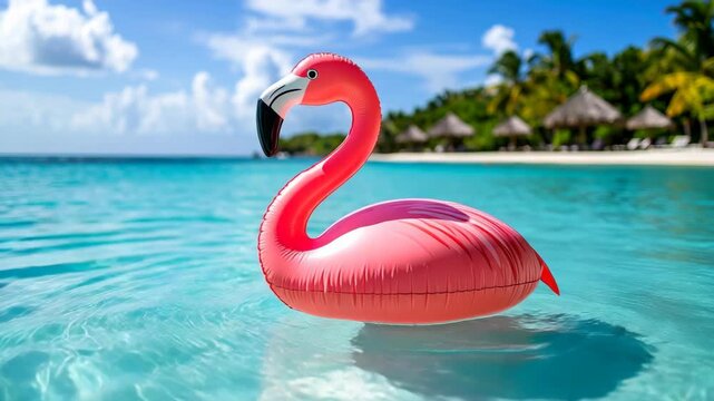Pink inflatable flamingo floating in clear turquoise ocean water with tropical island background