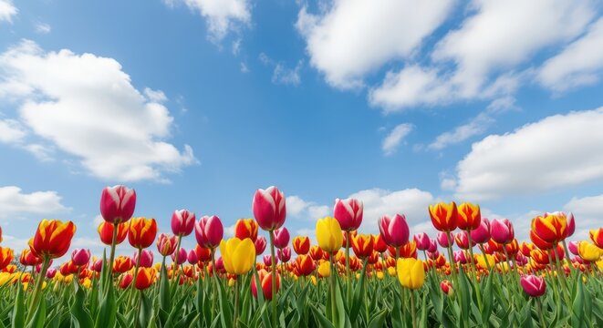 Vibrant tulip field under a bright blue sky