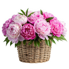 A beautiful bouquet of pink peonies in a rustic wicker basket.