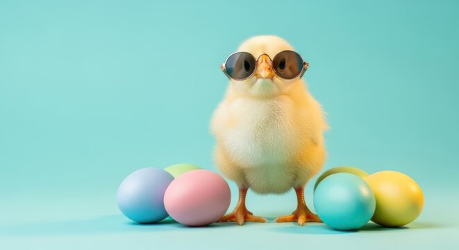 Cute chick wearing sunglasses with Easter eggs