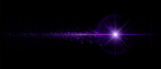 Dynamic optical flare with scattered glowing particles and strong luminous beam. Suitable for cinematic overlays, futuristic lighting, and motion graphics.