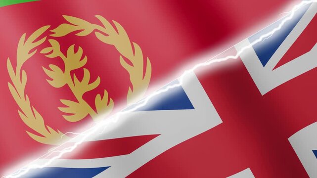 Two waving flags Eritrea and United Kingdom with diagonal lightning seamless, 4k loop