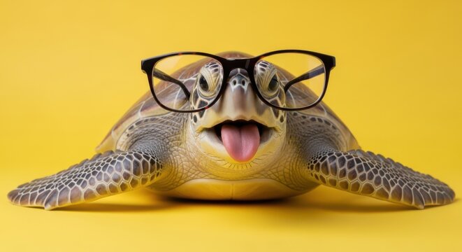 Funny turtle wearing glasses sticking out tongue