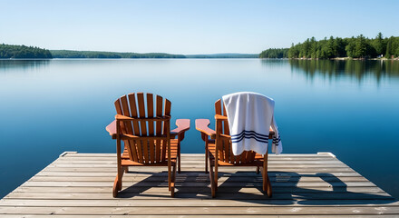 Two empty wooden adirondack chairs await relaxation on a sunny dock overlooking the vast blue lake water.