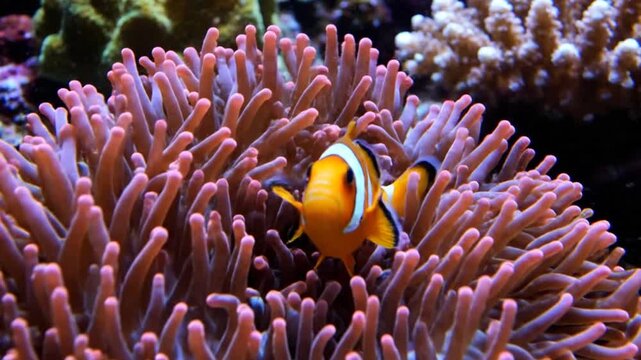 Vibrant Clownfish Swimming Among Colorful Anemones in a Tropical Reef Aquarium.