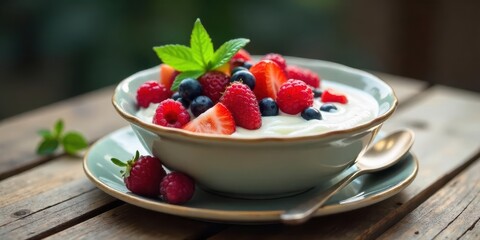 A delightful bowl of creamy yogurt topped with a vibrant mix of fresh strawberries, raspberries, and blueberries, garnished with a sprig of refreshing mint, served on a rustic wooden table