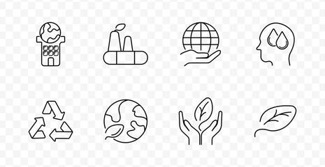Fototapeta premium Environment eco set icon. Speaker, factory, globe, head with drops, recycling, leaves, hands drawn in outlined style with transparent background