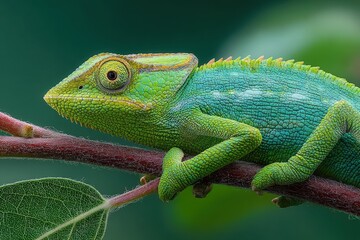Fototapeta premium Chameleon on a leafy branch, vibrant natural colors