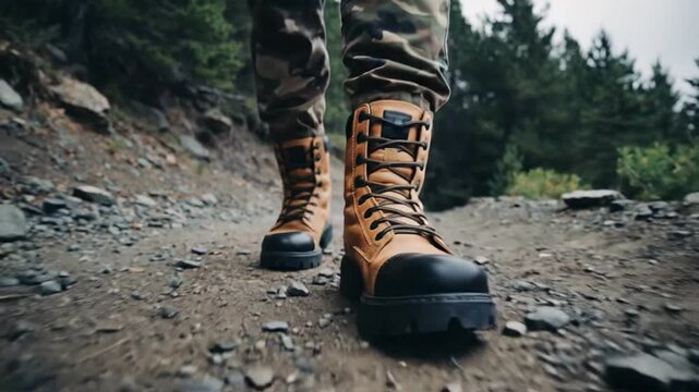 Hiking boots walking on a mountain trail, exploring nature's rugged terrain with durable footwear and adventure spirit