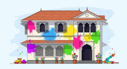 Colorful house with paint splatters celebrating holi festival vibrant colors and potted plants on a sunny day
