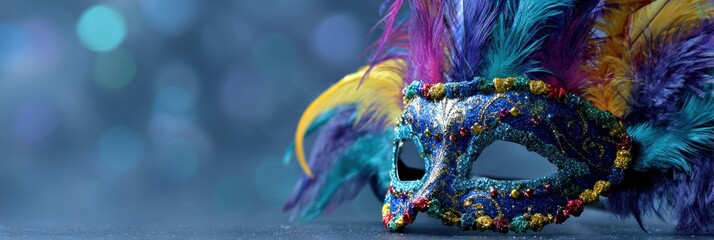 A vibrant, colorful masquerade mask adorned with feathers and beads, set against a blurred, shimmering background.
