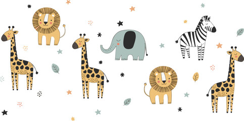 Cute Safari Animals Seamless Pattern with Giraffe Lion Elephant and Zebra Kids Nursery Cartoon Vector Background © MstSuborna